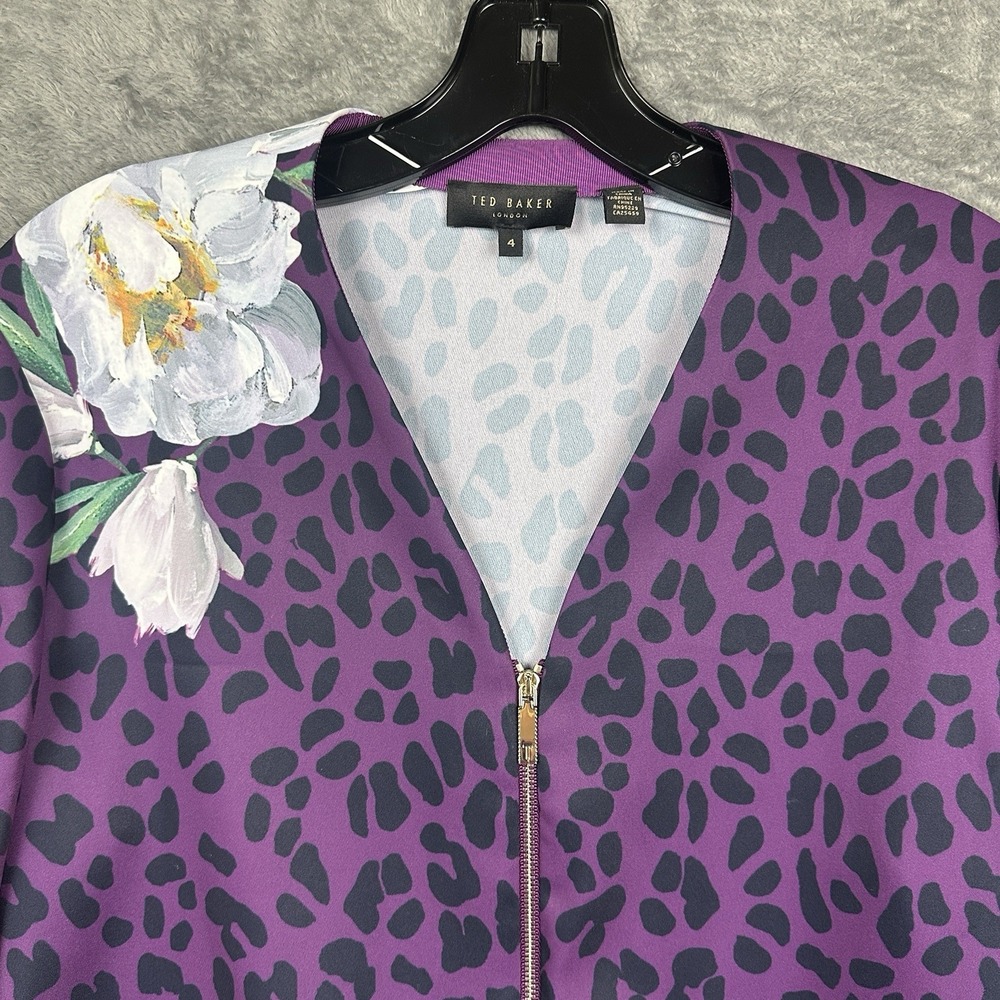 Ted Baker London Bomber Jacket Womens Size 4 Purple Magnolia Flower Animal Print - Picture 2 of 15